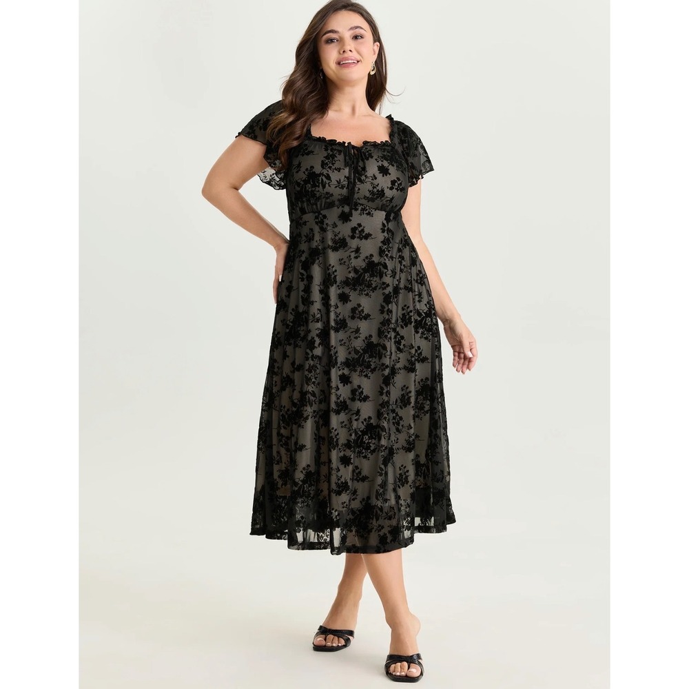 Bloomchic Black Floral Mesh Stretchy Midi Dress Romantic Short Sleeve 1X 14-16 - Picture 2 of 10